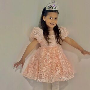 Elegant Pink Toddler Dress with Fluffy Skirt and Floral Embellishments